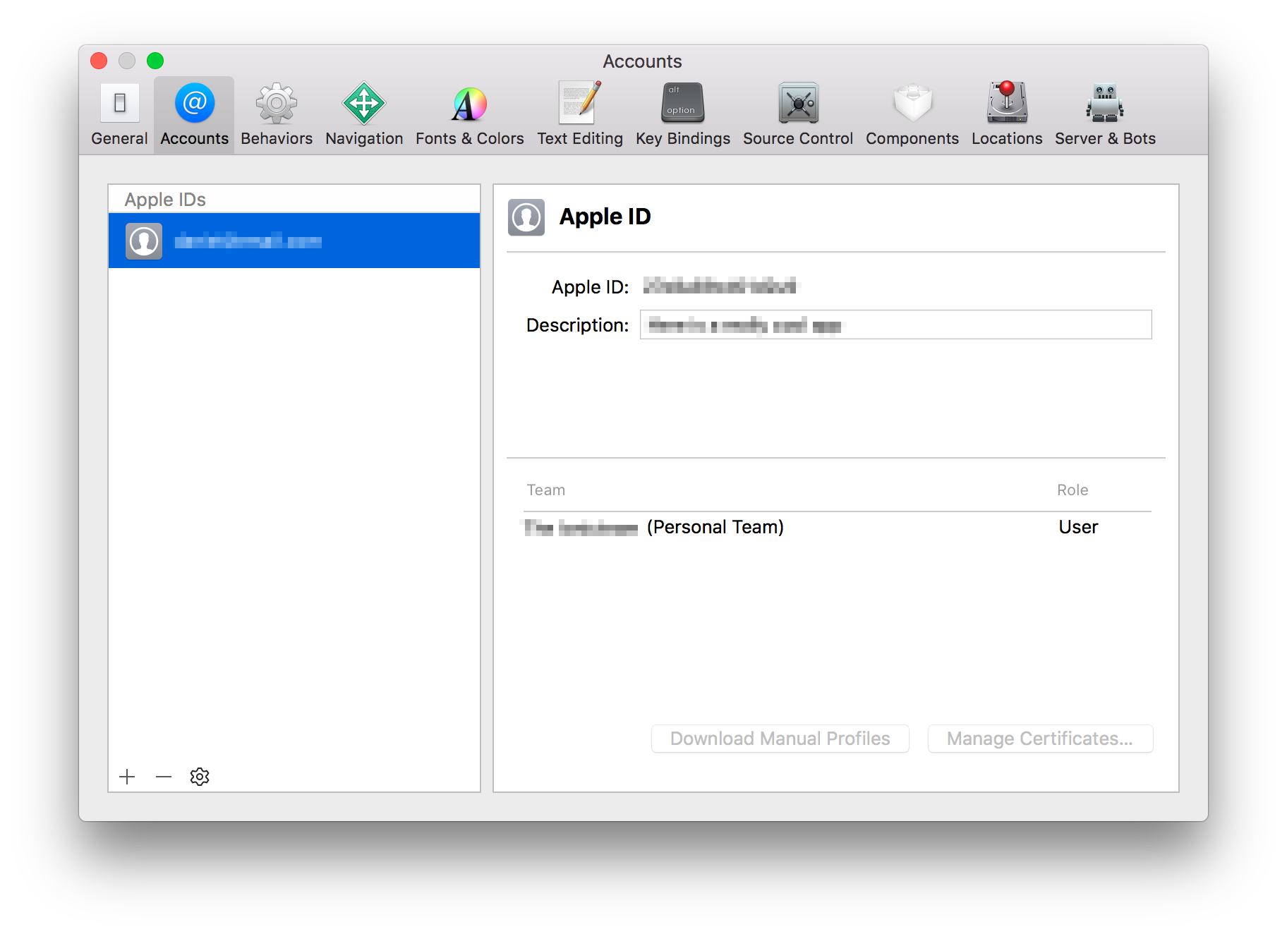 Xcode Preferences Accounts Section The Accounts section in Xcode Preferences showing an Apple ID and Personal Team.