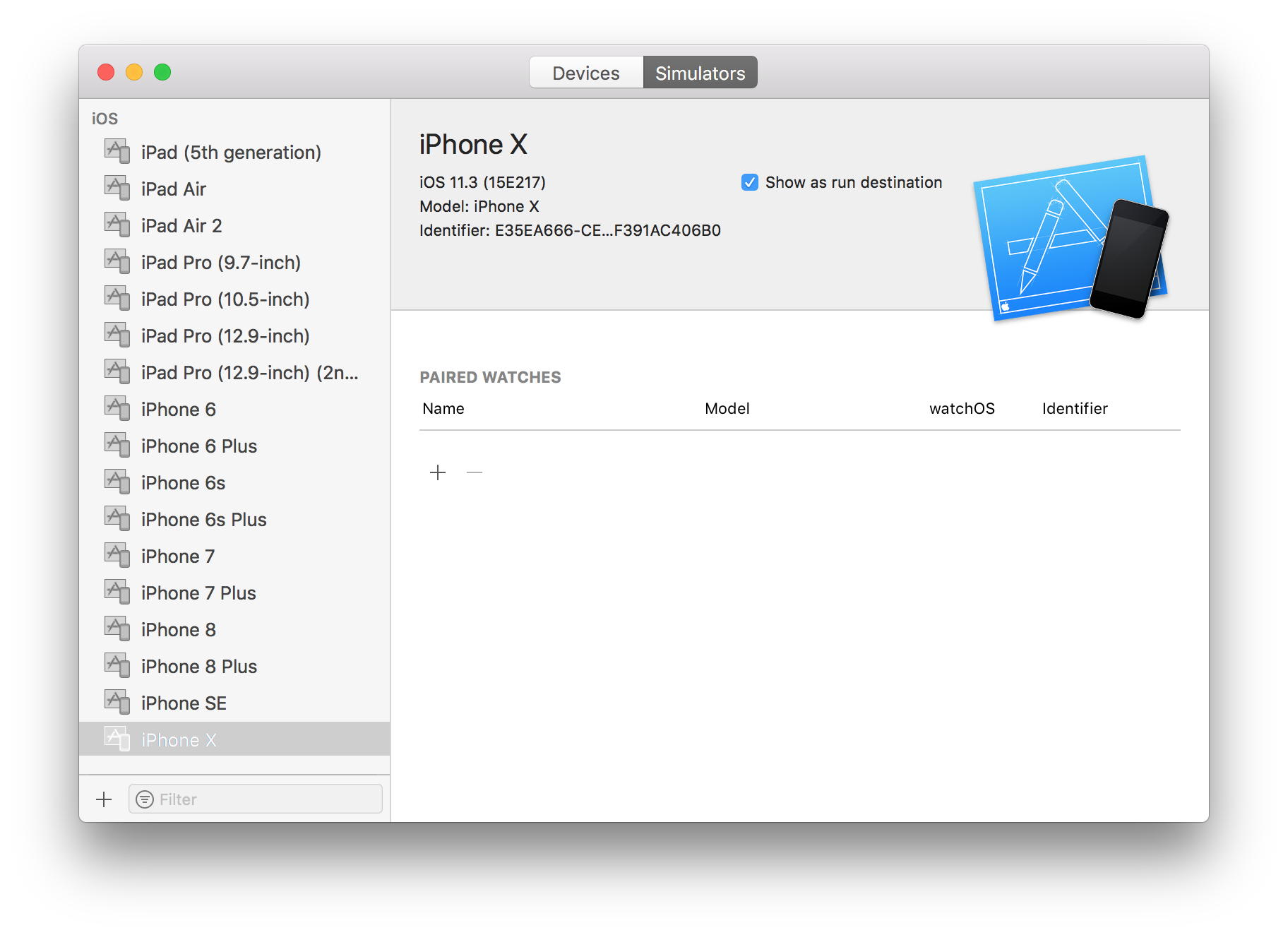 Xcode Devices and Simulators Window Xcode window displaying the Devices and Simulators section with an iPhone X simulator selected.