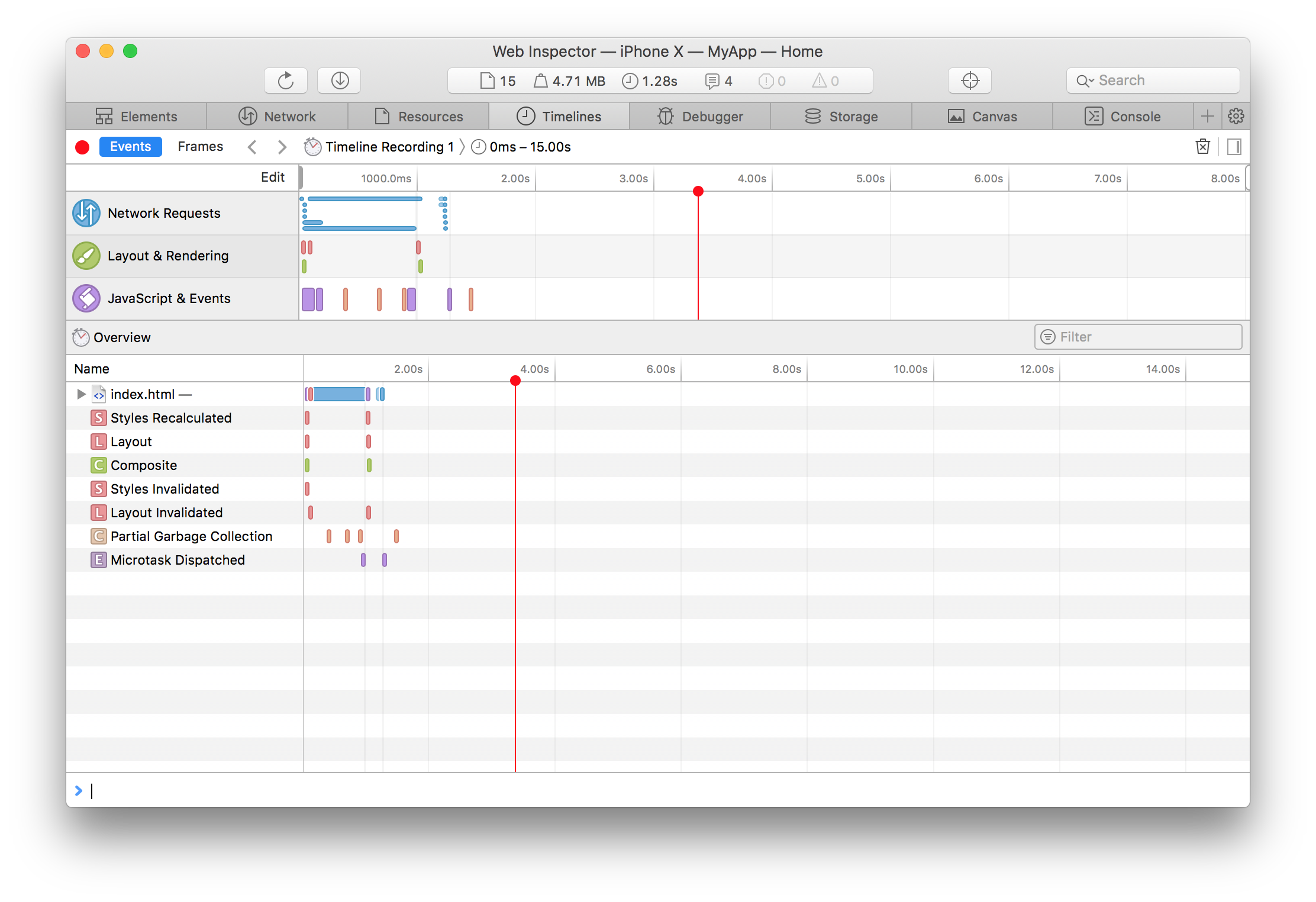 Safari Web Inspector Timelines Safari Web Inspector window showing the Timelines tab for performance profiling of an iOS app.